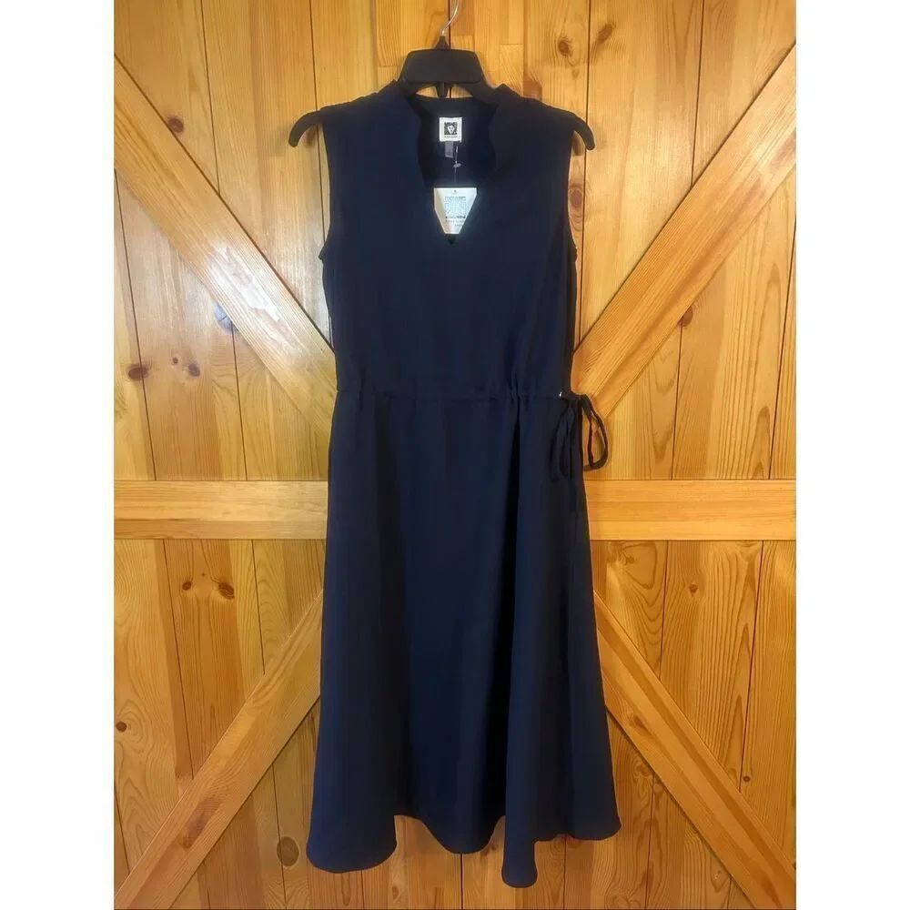 Anne Klein Sleeveless Navy Dress Drawstring Waist Pockets NWT Size 2 (5973)